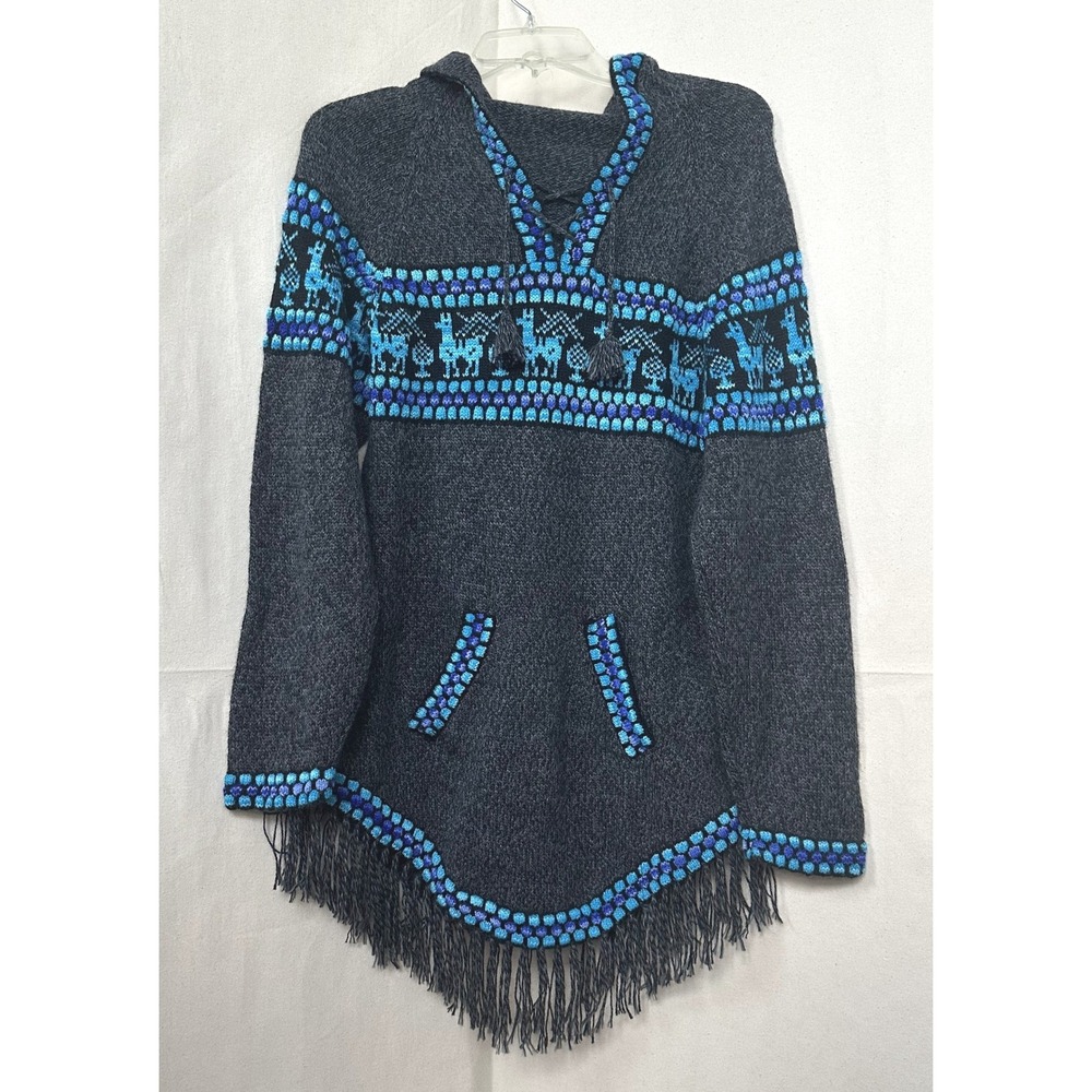 Inca Real Artisan Alpaca Wool Llama Hooded Fringe Cable Knit‎ Sweater XL Peru